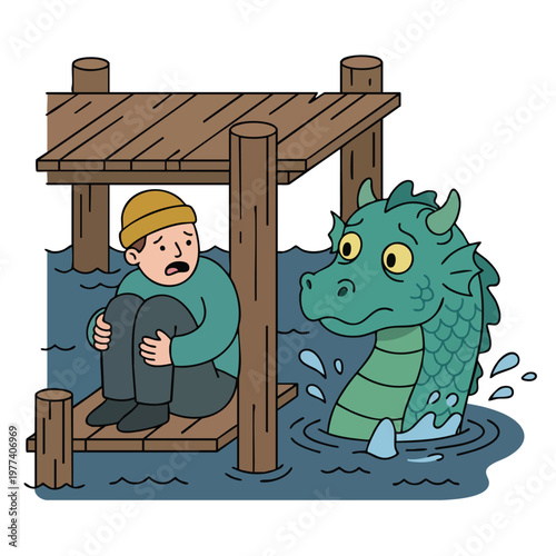 Scared person hiding from a sad sea monster.