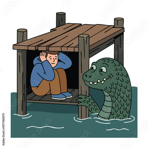 Scared person hiding from alligator under wooden dock.