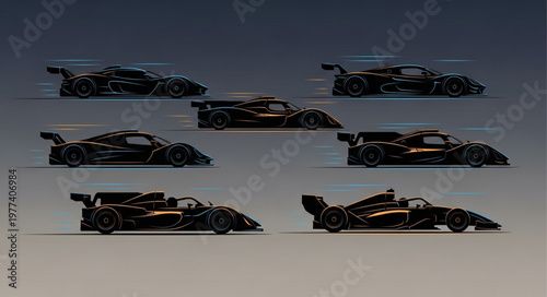 Collection of Black Sports Cars on a Dark Background.