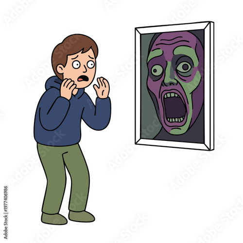 Scared person looking at a terrifying portrait.