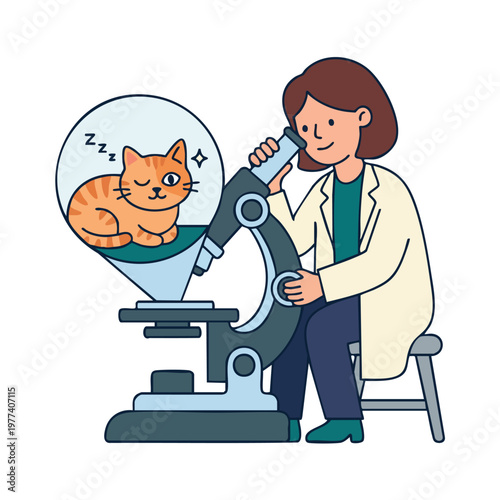 Scientist examining a sleeping cat under a microscope.