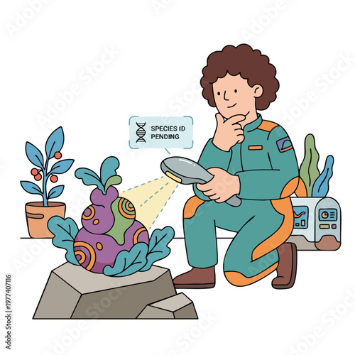 Scientist examines alien plant with magnifying glass.