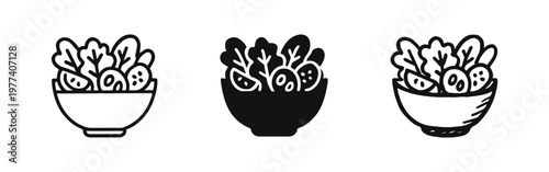 Fresh Vegetable Salad Bowl Icon Set, Healthy Food Symbol, Outline Solid and Hand Drawn Style