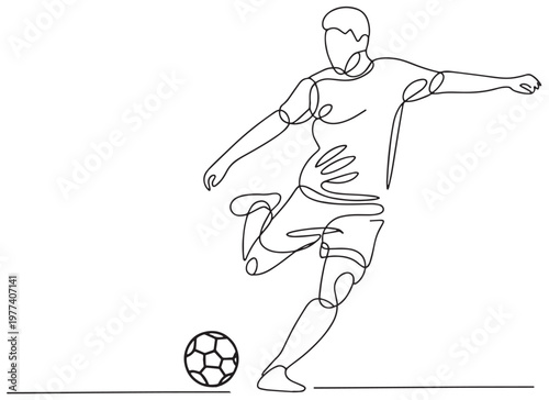 Minimalist continuous one line art drawing soccer player kicking a ball, soccer player striker taking a free kick during a game. vector