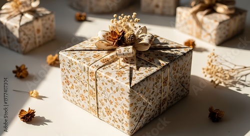 Festive gift giving beautifully wrapped presents with autumnal accents in soft lighting