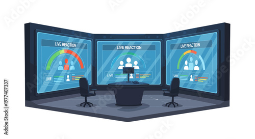 Virtual meeting room with three screens and two chairs