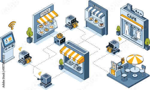 Autonomous Delivery Robots in Smart City Marketplace Isometric Illustration. Future of Retail Automation, AI Logistics and Contactless Food Delivery Concept on White Background.