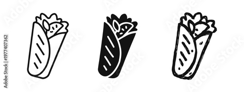 Burrito Wrap Fast Food Icon Set, Mexican Food Symbol, Outline Solid and Hand Drawn Style