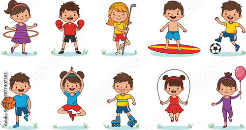 Happy Little Children Sports And Recreation Vector Set Featuring Kids Playing Soccer Golf Surfing Boxing Yoga And Roller Skating For Active Childhood Wellness Graphic Designs
