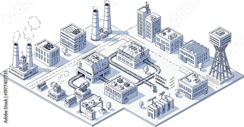 Isometric Industrial District Line Art Illustration - Smart Energy Sharing and Sustainable Factory Infrastructure Concept