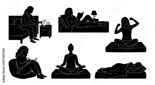 Black silhouette woman bedtime routine vector set, female character sleeping and meditating icons, morning and evening daily habits collection