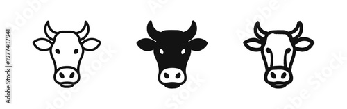 Cow head icon set with line, solid, and hand-drawn sketch styles for agriculture and farming design