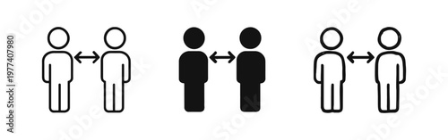 Social distancing icon set featuring two people keeping distance with arrow symbol in three different graphic styles