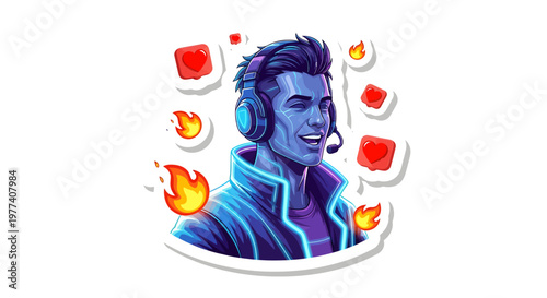 gamer with headphones and flames around him