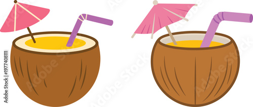 Tropical coconut drinks with pink umbrellas and straws