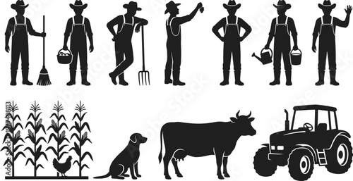 Farmer silhouette set, collection of isolated agriculture icons with tractor cow dog and workers for rural life farming design and organic food production