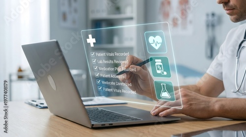 Doctor using a laptop with virtual healthcare icons in a clinical office, managing patient data and analyzing medical information through a digital health system.
