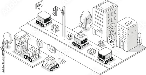 Isometric Autonomous Delivery Robots in a Smart City: Future Logistics, Last-Mile Automation, and AI Package Transportation Line Art Illustration