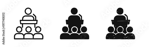 Public speaker at a podium with audience icon set for presentation, seminar, and leadership concepts