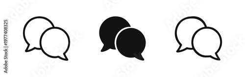 Two speech bubbles icon set representing chat, communication, and message in outline, solid, and hand-drawn styles