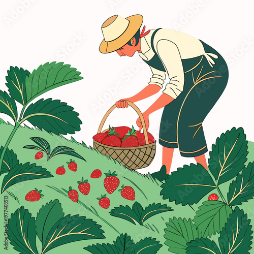 A cartoon illustration of a man picking strawberries in a field with a basket full of red ripe fruit