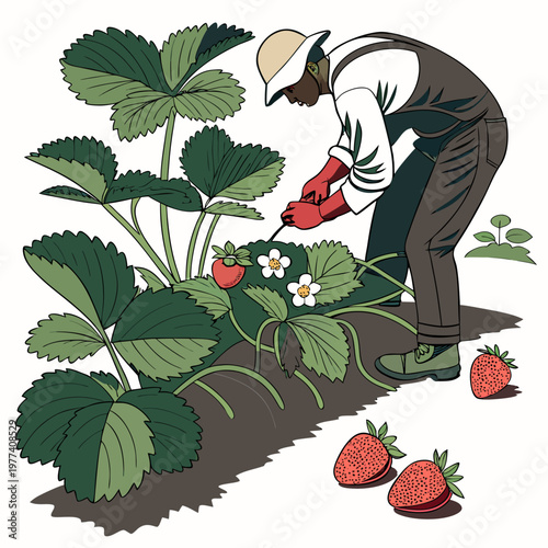 Man in overalls and red gloves tending to strawberry plants with green leaves and ripe red strawberries