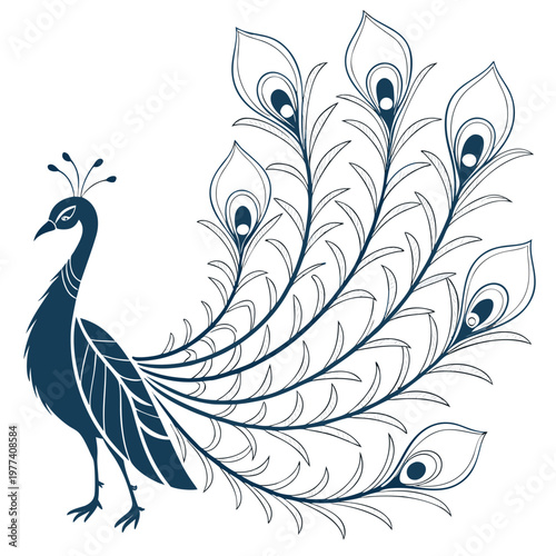 A dark blue peacock with a long tail and feathers spread out