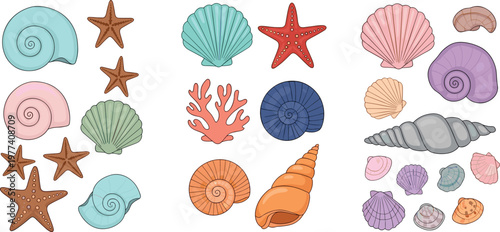 Seashell collection with starfish coral and ocean shells colorful cartoon vector illustration set of marine elements isolated on light background