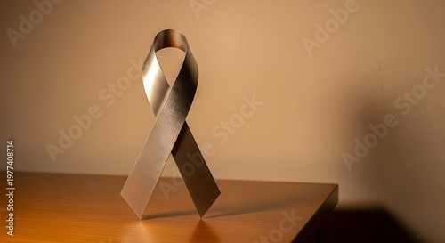 Abstract sculpture a twisted metallic form casting a dramatic shadow on a wooden surface