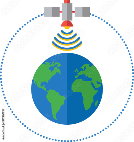 Satellite orbiting Earth transmitting data signals worldwide network communication