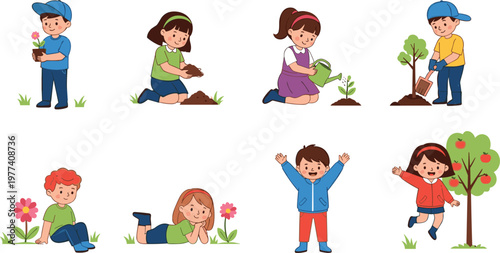 Happy Little Children Gardening And Nature Vector Set Featuring Kids Planting Trees Watering Flowers And Harvesting Fruit For Environmental Education Green Lifestyle And Outdoors Graphic Designs
