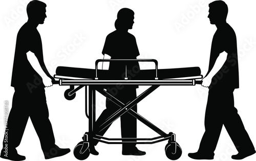Silhouette of paramedics transporting patient on stretcher, emergency medical team providing healthcare assistance, ambulance service concept with hospital staff and urgent rescue operation