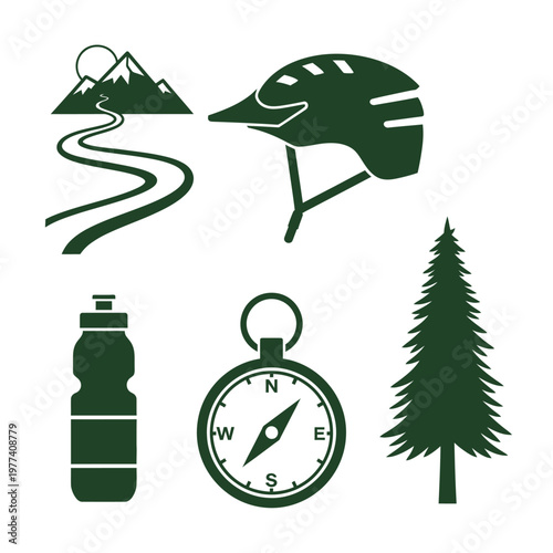 Mountain Biking Gear and Trail Icons.