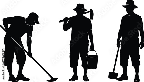 Silhouettes of manual labor workers using shovel, pickaxe and bucket, representing construction and agriculture workforce, traditional tools, hardworking people and industrial labor concept