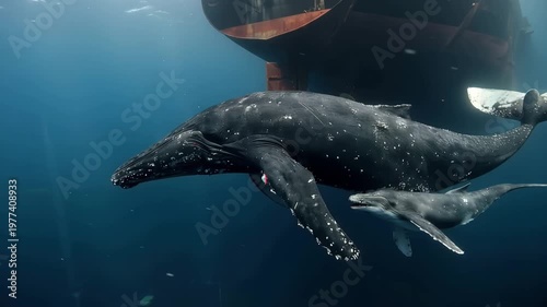 A female humpback whale swims gracefully with her calf, exploring the depths near a large ship