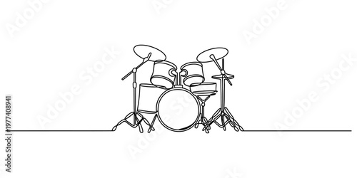 A single continuous line drawing of a complete professional drum kit set on a plain white background Vector, illustration