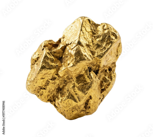 Foto Natural gold nugget isolated. Raw precious metal ore specimen.