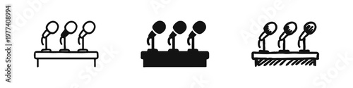 Conference microphones on podium icon set in three styles: outline, solid, and hand-drawn sketch