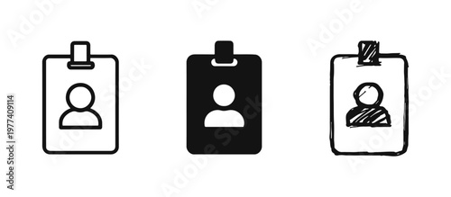 ID card or name badge icon set in three styles: outline, solid, and hand-drawn sketch