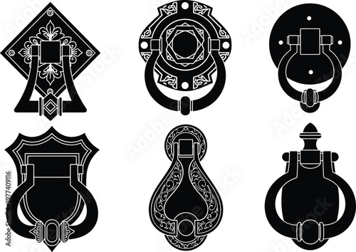Vintage door knocker silhouette collection with ornate antique designs, classic metal handles, architectural elements, decorative hardware vector set isolated on white background