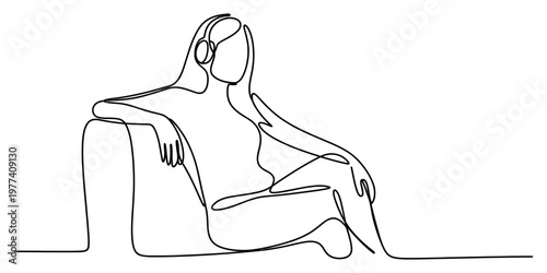 A single continuous line drawing of a relaxed woman sitting comfortably while listening to music. Vector, illustration