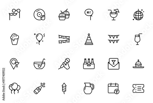 Party & Event icon set. Vector illustration pack. Includes symbols for DJ, cocktail, balloon, cupcake, karaoke, invitation, champagne, fireworks and more.