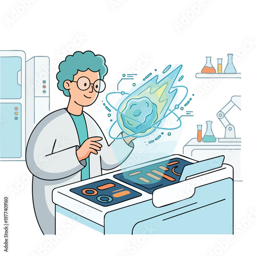 Scientist manipulating glowing energy sphere in futuristic laboratory.