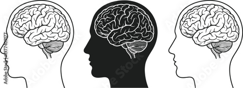 Human brain silhouette set, collection of isolated head profile icons with anatomical brains for mental health science psychology and medical education design concepts