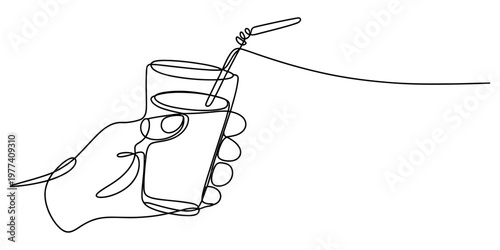 A continuous line drawing of a hand holding a glass with a drinking straw on a white background Vector, illustration