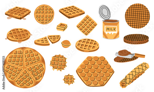 Flat illustration of a large waffle set including belgian, bubble, heart shapes and a can of condensed milk. Vector bakery collection for breakfast menu or cafe design. Isolated on white. Set