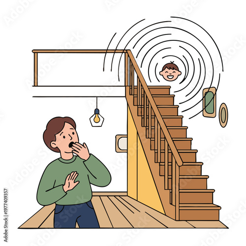 Shocked Man Reacts to Childs Sound Coming from Upstairs.