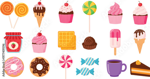 Sweet dessert collection with cupcakes ice cream donuts candy coffee and treats colorful cartoon vector illustration set isolated on light background