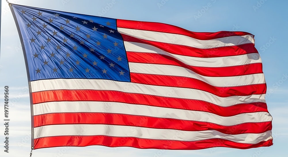 Fototapeta premium US Flag Waving in the Wind Patriotic Symbol Against a Blue Sky.