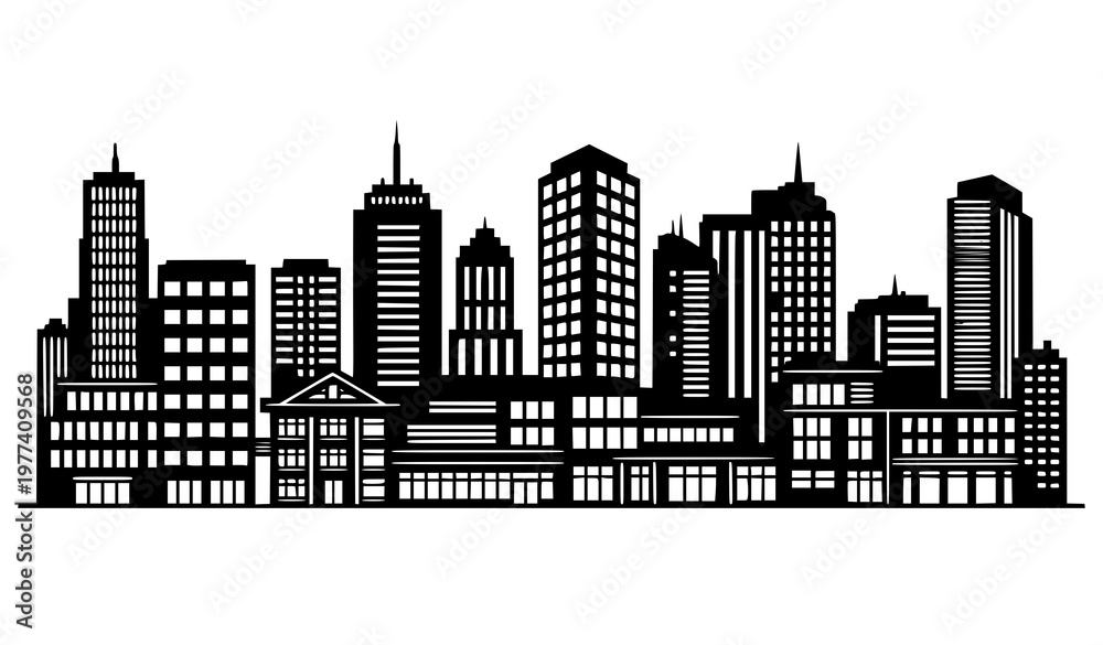 Fototapeta premium Urban skyline silhouette modern office and apartment buildings black vector icons isolated on white background